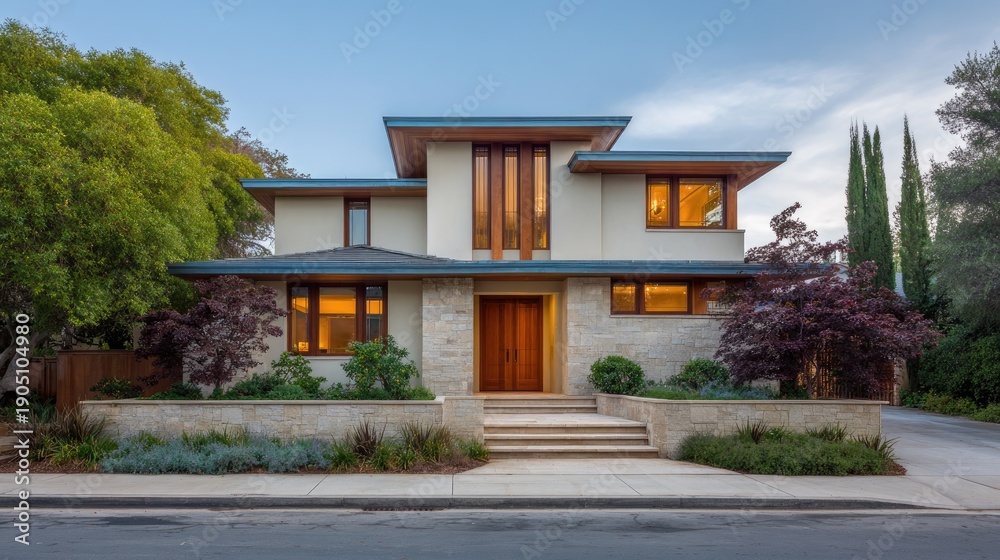 Fototapeta premium Modern Architectural Design of a Stylish Two-Story House Surrounded by Lush Greenery and Beautiful Landscaping in a Serene Neighborhood