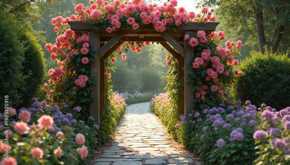 Fototapeta premium Wooden garden archway with pink roses covers a stone path. Rich green bushes flank walkway. Beautiful floral entrance to a park leads forward into soft sunlight.