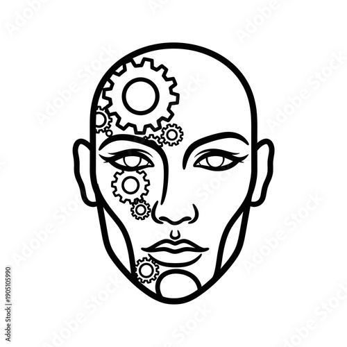 Human Head with Mechanical Gears Inside.