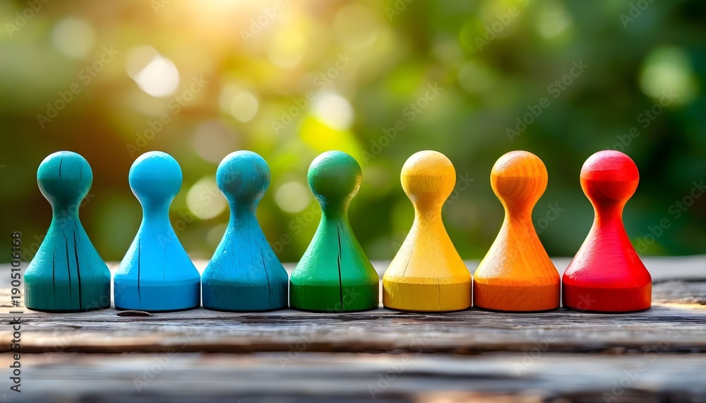 Fototapeta premium Colorful game pieces stand on wooden table outdoors in nature