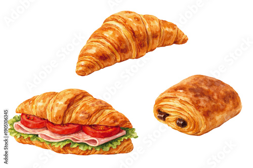 水彩風 クロワッサンとフランス菓子のイラストセット