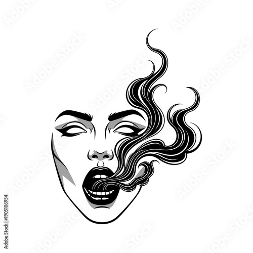 Woman Exhaling Smoke from Open Mouth.