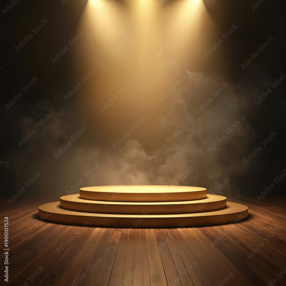 Obraz premium Empty gold award podium on wood floor under spotlights. Smoke swirls around the stage platform. Scene conveys achievement, celebration, and recognition. Ideal for winner announcements.