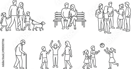 Line Art Vector Illustration of People and Families Enjoying Outdoor Activities, Walking Dogs, Sitting on Benches, and Playing Ball