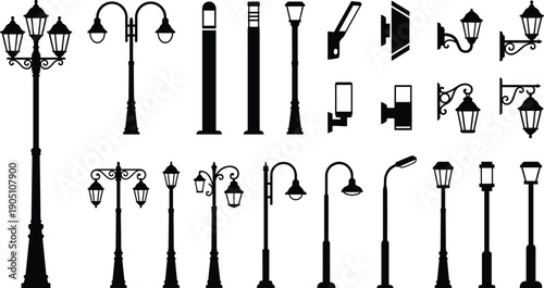 Outdoor street light icons set, urban lamp posts, vintage lanterns, modern bollards, and garden lighting vector illustration silhouettes, isolated, black