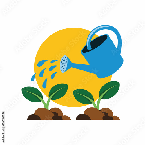 Blue watering can pouring water on green plants with brown soil and yellow circle water droplets.
