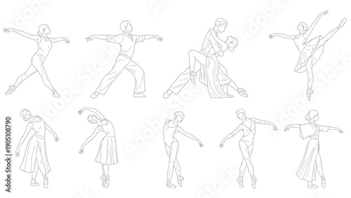Series of dynamic line art sketches showing multiple human poses in motion and choreography.