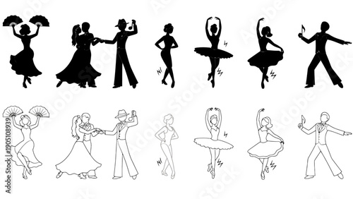 Group of silhouetted dancers in ballroom and ballet poses forming a dynamic montage.