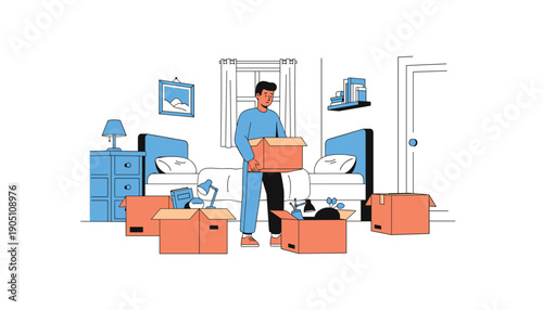 Bedroom with moving boxes relocation home