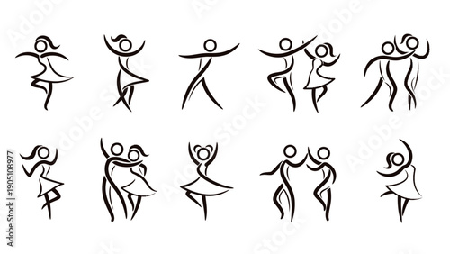 Group of stick-figure dancers celebrating together in a lively lineart scene.