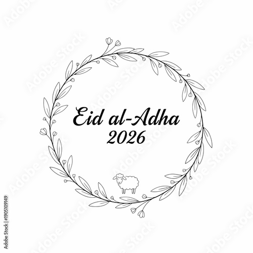 Eid al-Adha 2026 greeting card with sheep icon and elegant floral wreath frame for Islamic holiday celebration social media post and poster