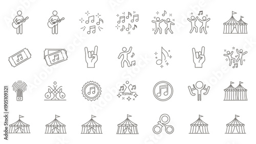 Collection of monochrome line icons featuring people, buildings, and celebrations in varied poses.