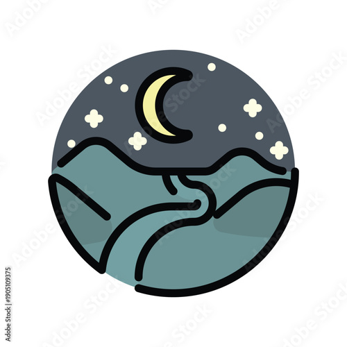 Desert Night Landscape Icon - Crescent Moon over Sand Dunes