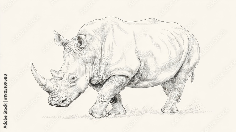 Obraz premium Detailed Sketch of a Rhino Walking on a Plain Background