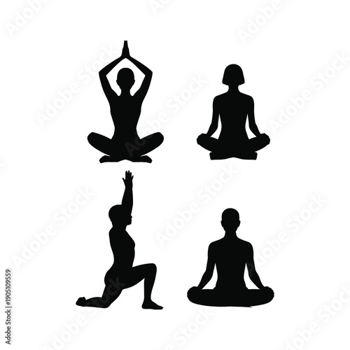 Four black silhouettes of people in various yoga poses on white background meditation exercise.