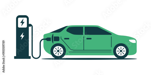 Green electric car charging at station with lightning bolt symbol green car charging station vehicle charging