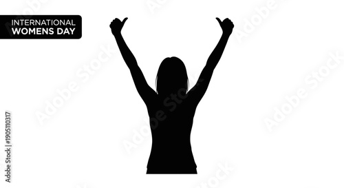 A black silhouette of a woman celebrating International Women's Day with arms raised in a vector illustration design on a white background.