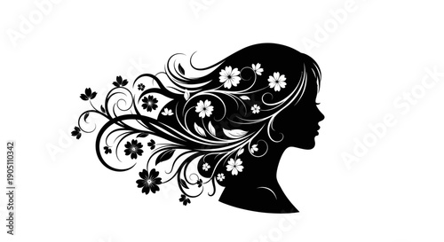 Black silhouette of a woman's head with flowing hair adorned with flowers, celebrating International Women's Day in a simple, vector illustration design.