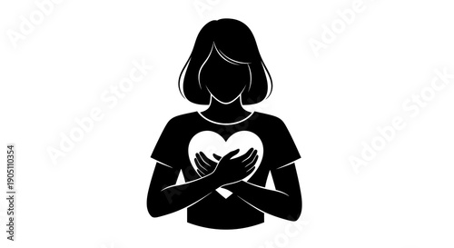 Black silhouette of a woman with her hands on a heart, celebrating International Women's Day in a simple, bold design.
