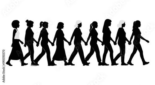 A group of diverse women in black silhouette walking hand in hand in a line on International Women's Day, a celebration of gender equality and female empowerment.