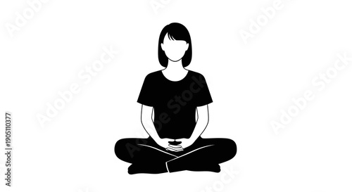 Black silhouette of a woman sitting cross-legged on the ground, celebrating International Women's Day with a simple character design on a white background.