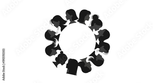 Black silhouette illustration of diverse people forming a circle for International Women's Day celebration with a white background.