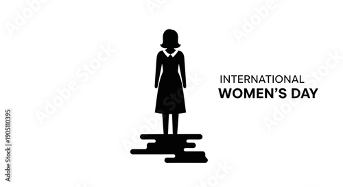 Black silhouette of a woman standing on a pedestal with the words 'International Women's Day' on a white background, vector illustration for celebration and gender equality events.