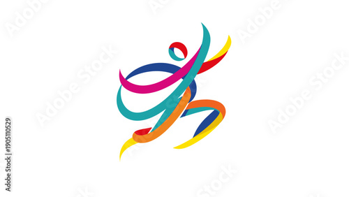 Colorful abstract logo featuring flowing ribbons and dynamic human figure.