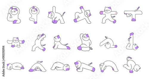 Yoga Cat Vector Character. Cute Cat Stickers, Icons, and Emoji Collection.