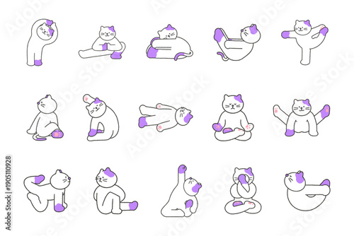 Yoga Cat Vector Character. Cute Cat Stickers, Icons, and Emoji Collection.
