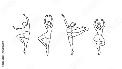 Four minimalist dancers performing ballet poses in line drawings.