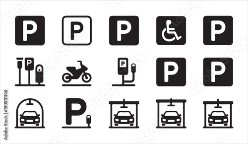 Parking signs and garage symbols collection for transportation navigation in urban city maps