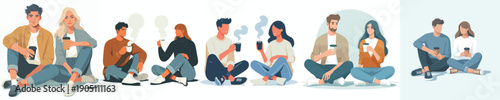 vector couple sitting on floor drinking coffee together