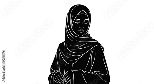 Illustration of a woman wearing a hijab, standing serenely with hands clasped together in a simple, elegant line art style.