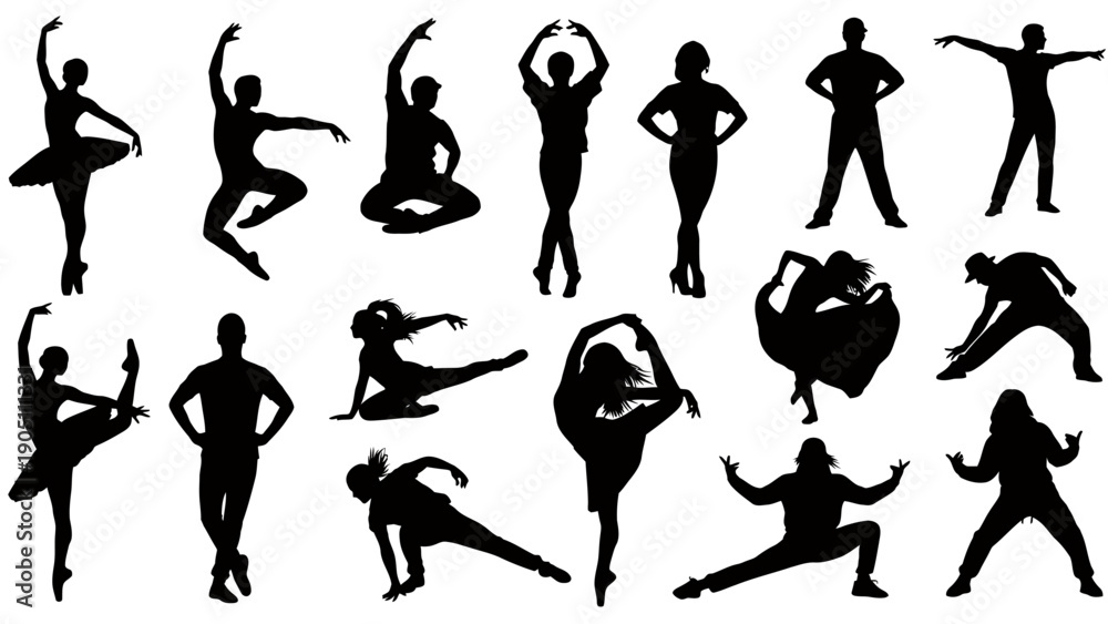 Fototapeta premium Collection of diverse silhouettes depicting multiple human poses and movements.