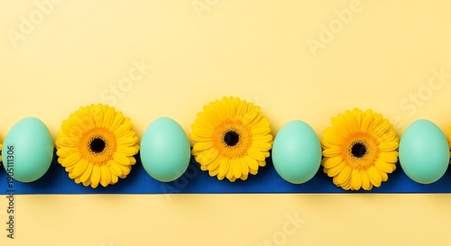 Vibrant yellow flowers and blue eggs on a yellow background