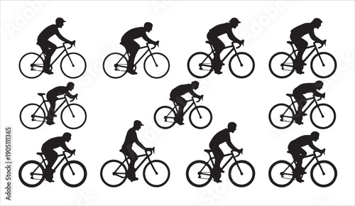 Set of cyclist silhouettes riding bicycles, male figure on road bike, sport vector illustration