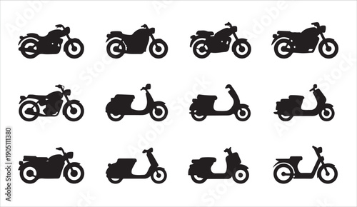 Set of motorcycle and scooter silhouettes isolated on white background, motor transport collection