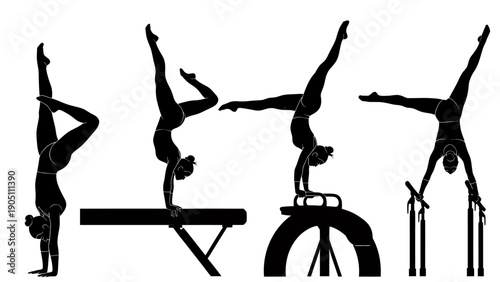 Group of people performing various gym and yoga poses with fitness equipment.