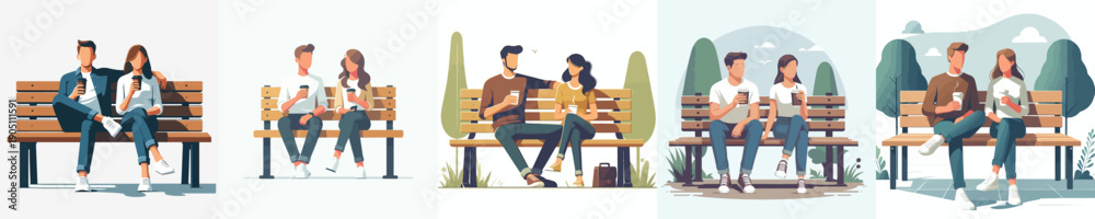 Obraz premium vector couple sitting on park bench drinking coffee together