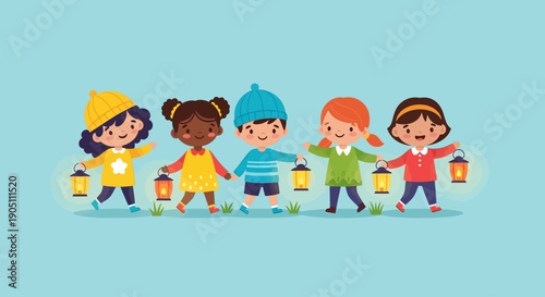 Children holding lanterns together on a serene evening walk in the neighborhood