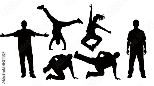Group of silhouetted people in dynamic dance poses and movements.