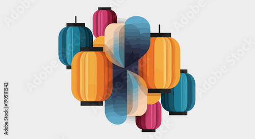 Vibrant lanterns arranged in a circular pattern, showcasing colorful designs in a festive atmosphere from a top-down viewpoint