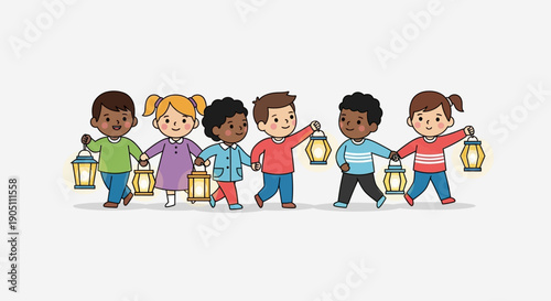 Group of diverse children holding lanterns together in a joyful procession outdoors at dusk from a straight-on viewpoint