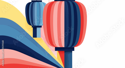 Vibrant Lanterns and Swirling Shapes in a Dynamic Illustration