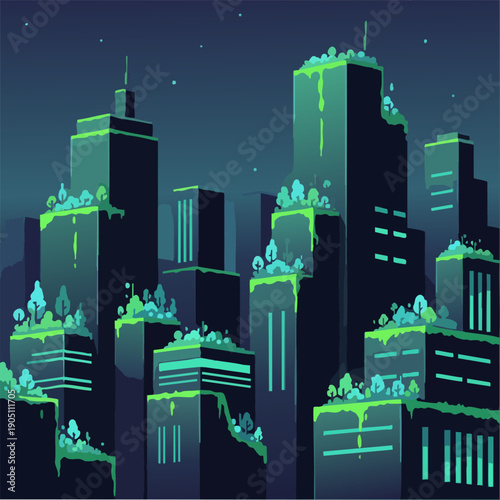 Dark Pixel Cityscape Overgrown with Glowing Futuristic Plants