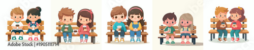 vector 2 children sitting on park bench drinking coffee together