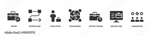 Work in Motion Icons set vector illustration with Work, Workflow, Employee, Teamwork, Office hours, Online job, Candidate