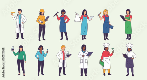 Diverse professionals in various occupations standing together, holding devices and tools, vector illustration
