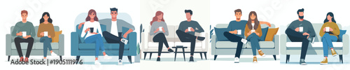 vector couple sitting on sofa drinking coffee together